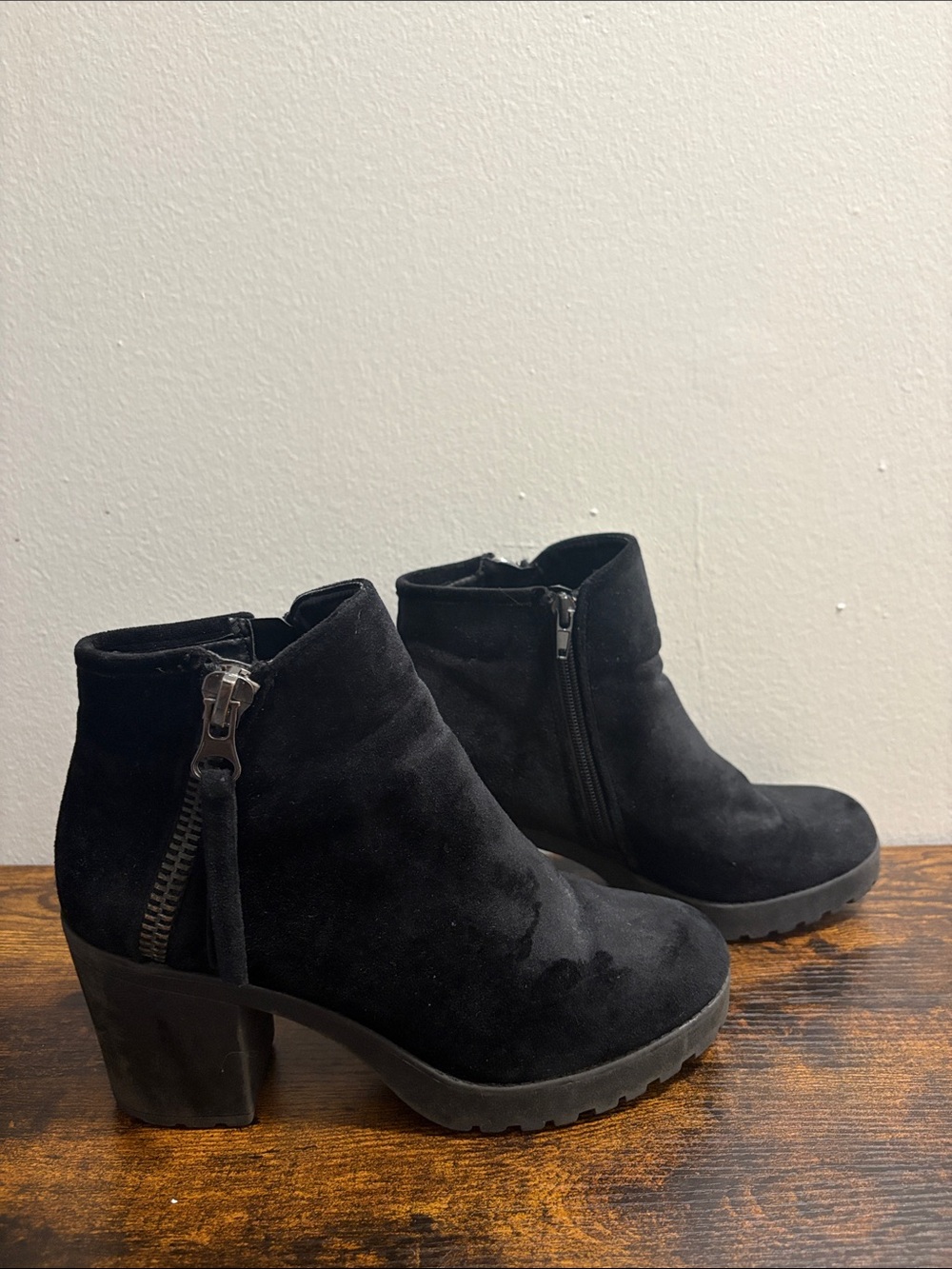 Call It Spring Black Suede Chunky Heel Ankle Booties with Side Zip